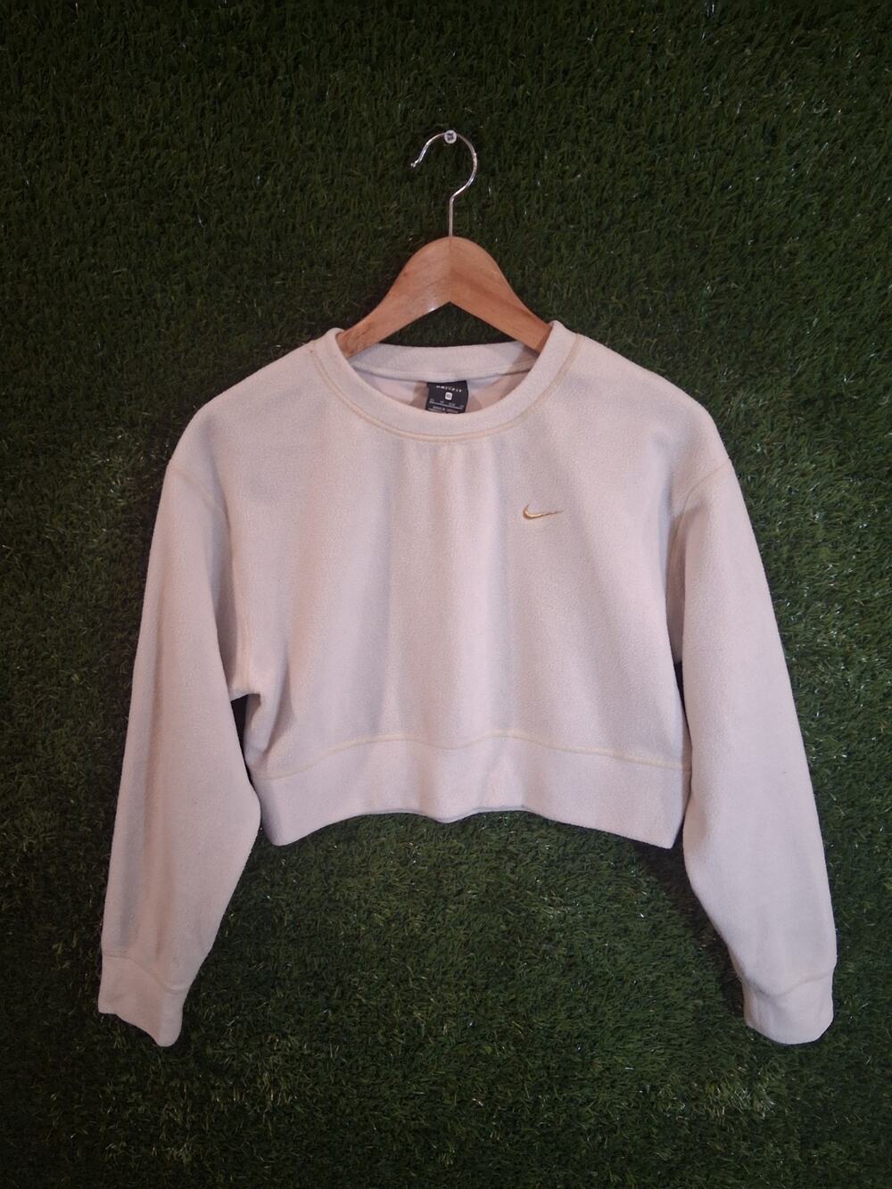 Nike Dri-FIT Women's XS Cropped Fleece Sweatshirt Cream Beige Gold Swoosh